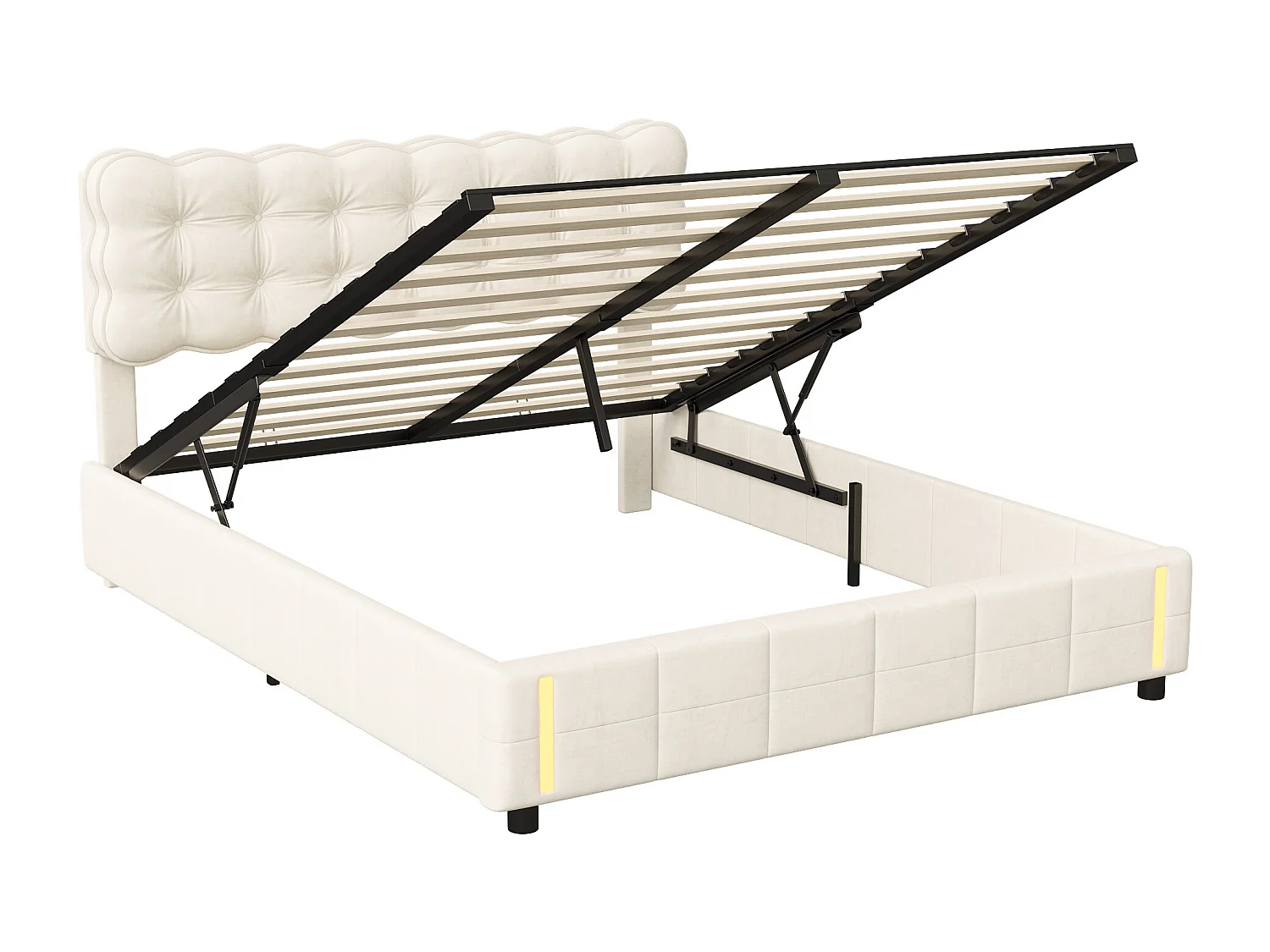 Tweepersoonsbed 160*200cm, met luchtdrukstang, met opbergfunctie, bedlampje, fluweel, beige