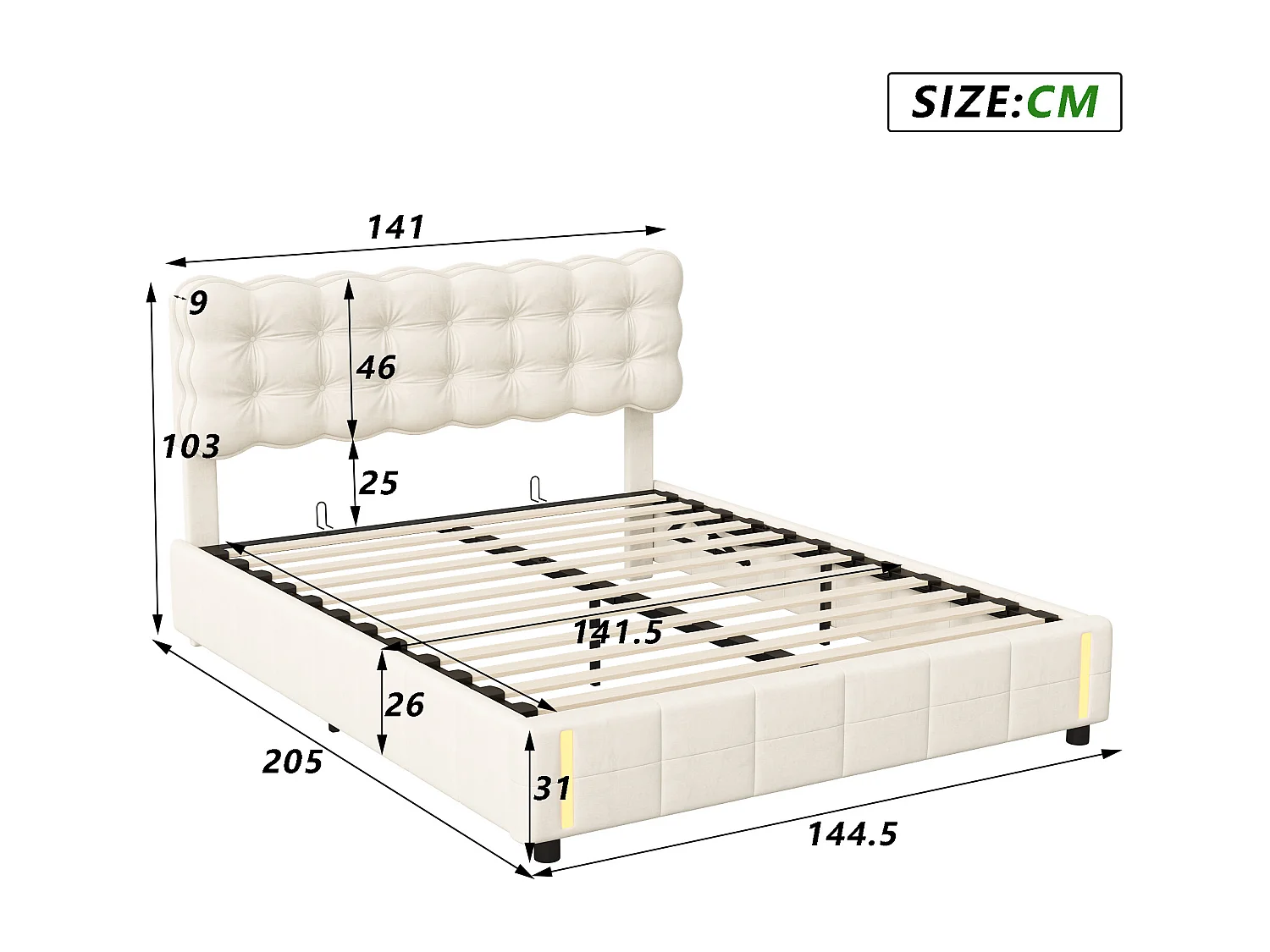 Letto matrimoniale 140*200cm, con asta di pressione dell'aria, con funzione contenitore, lampada da comodino, velluto, beige