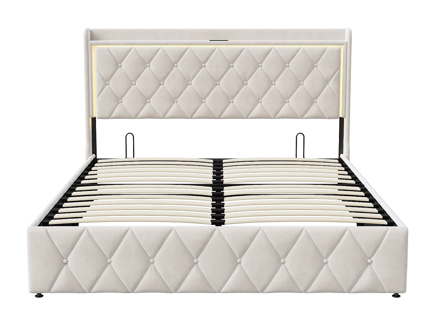 Lit de rangement hydraulique 160*200 cm, lumière LED, fonction de recharge, velours, beige