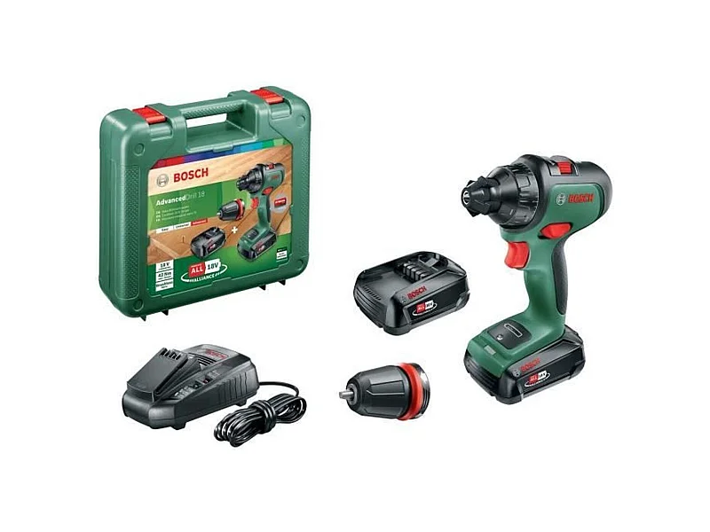 AkkuBohrschrauber von Bosch – Wird mit 2 18V2,5AhAkkus und einem Ladegerät geliefert.