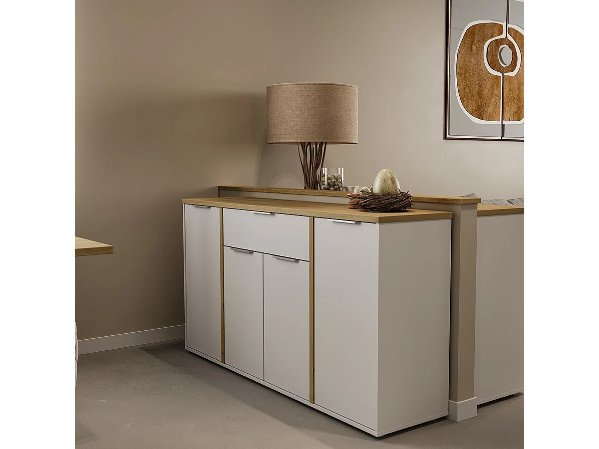 Buffet 4 portes et 1 tiroir décor chêne et blanc mat L160,7 cm - ACCESS