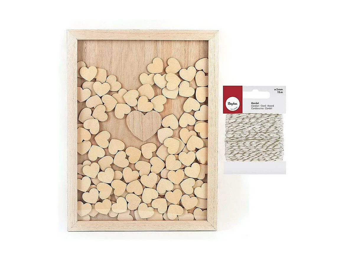 Holzrahmen zum Personalisieren 30 x 42 cm 100 Herzen Nachrichten + WeißGolden Schnur 15 m