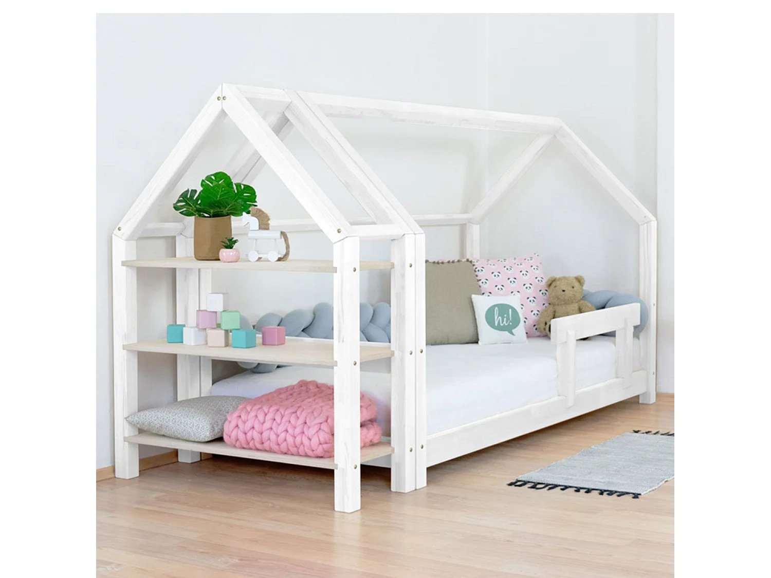 Lit cabane avec étagère 80 x 180 blanc et naturel