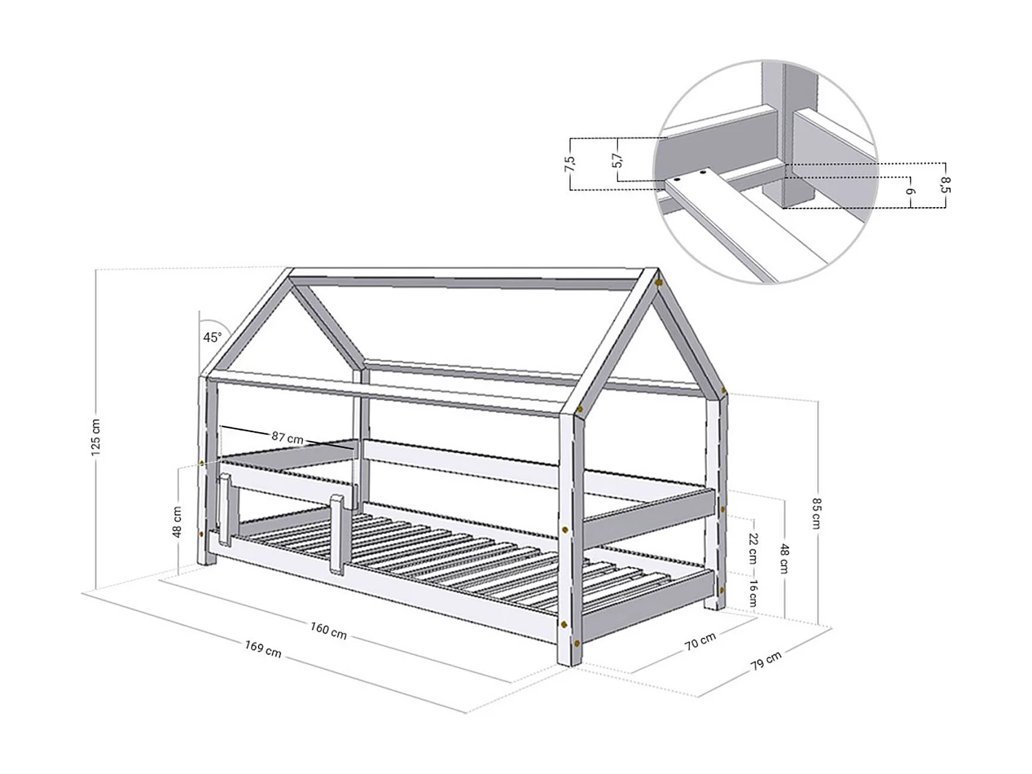 Lit cabane enfant TERY 70 x 160 gris clair