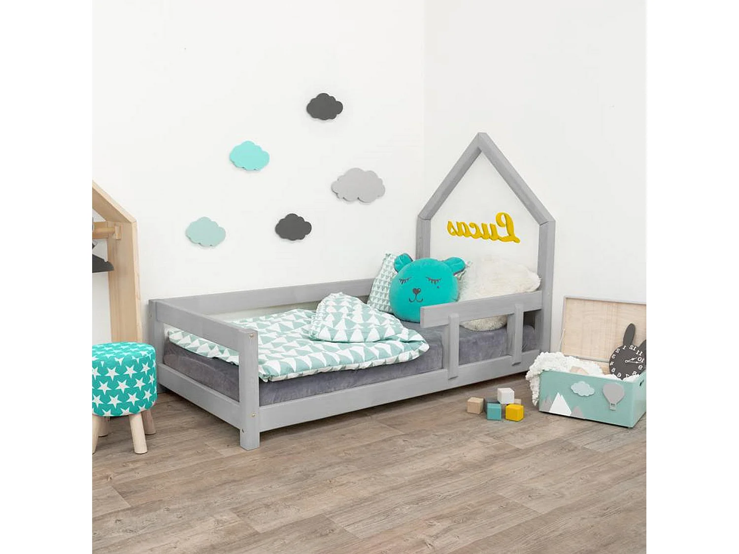 Lit cabane enfant POPPI 90 x 160 gris clair 1