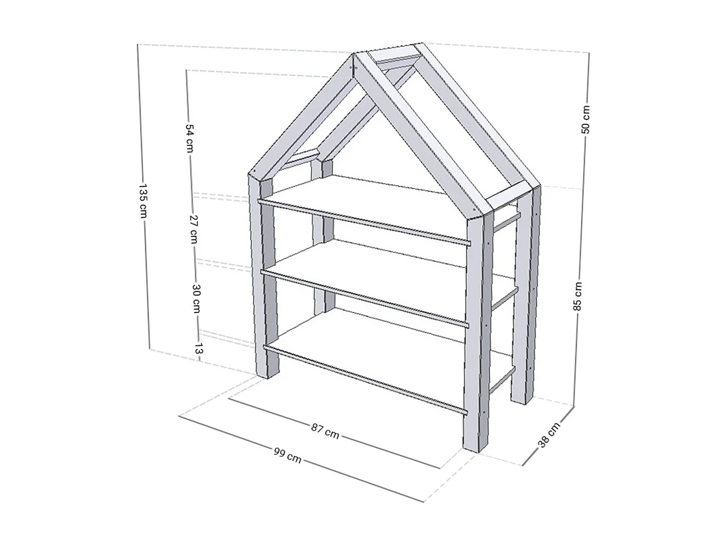 Lit cabane avec étagère 90 x 190 gris