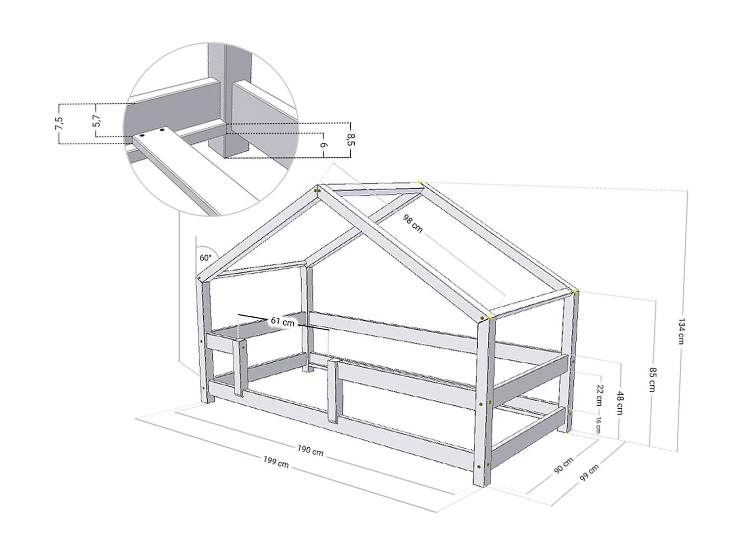 Lit cabane enfant LUCKY 90 x 190 bleu clair