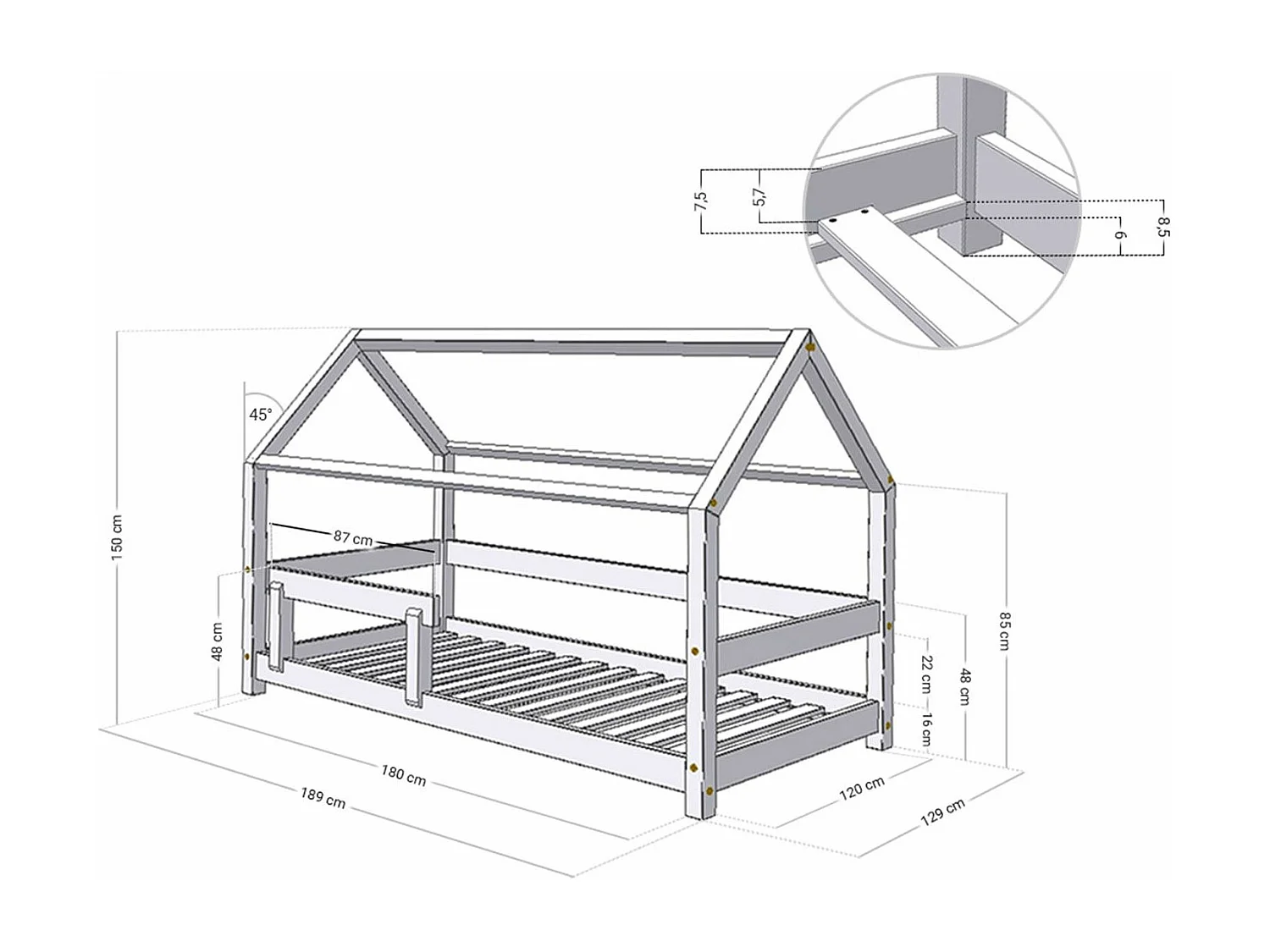 Lit cabane avec étagère 120 x 180 naturel et blanc