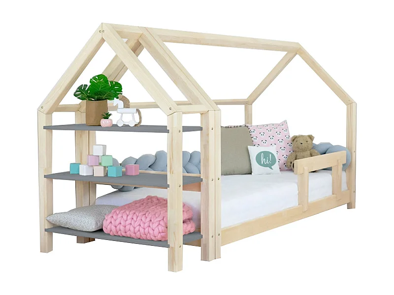 Lit cabane avec étagère 80 x 160 naturel et gris