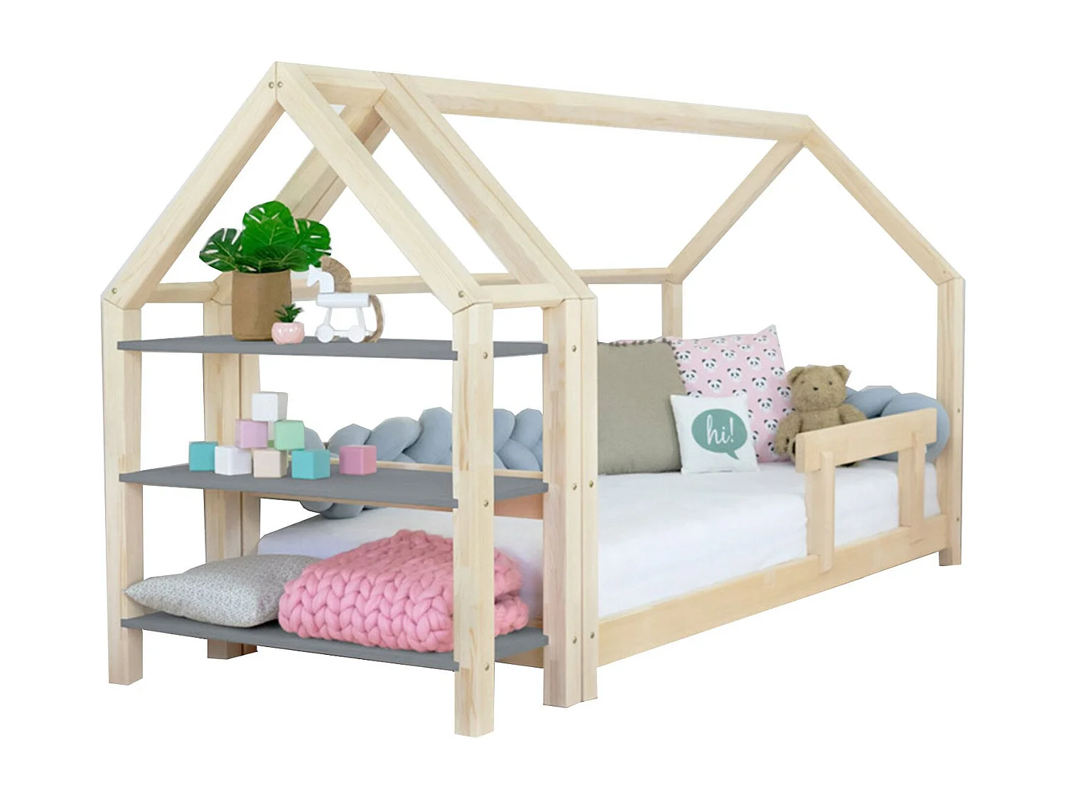 Lit cabane avec étagère 80 x 160 naturel et gris