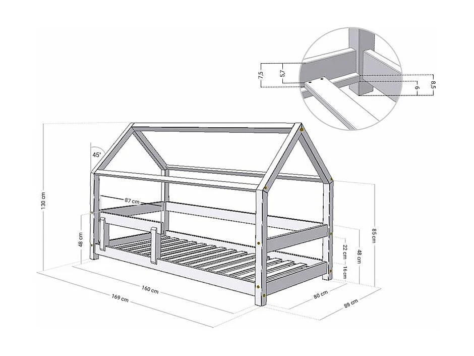 Lit cabane avec étagère 80 x 160 naturel et gris