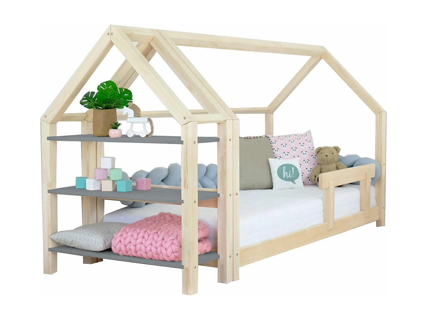 Lit cabane avec étagère 80 x 160 naturel et gris