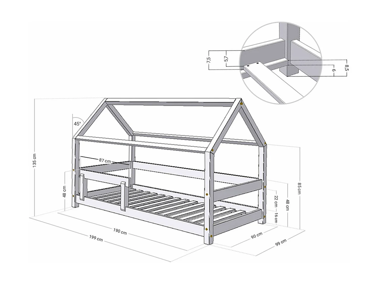 Lit cabane enfant TERY 90 x 190 gris clair