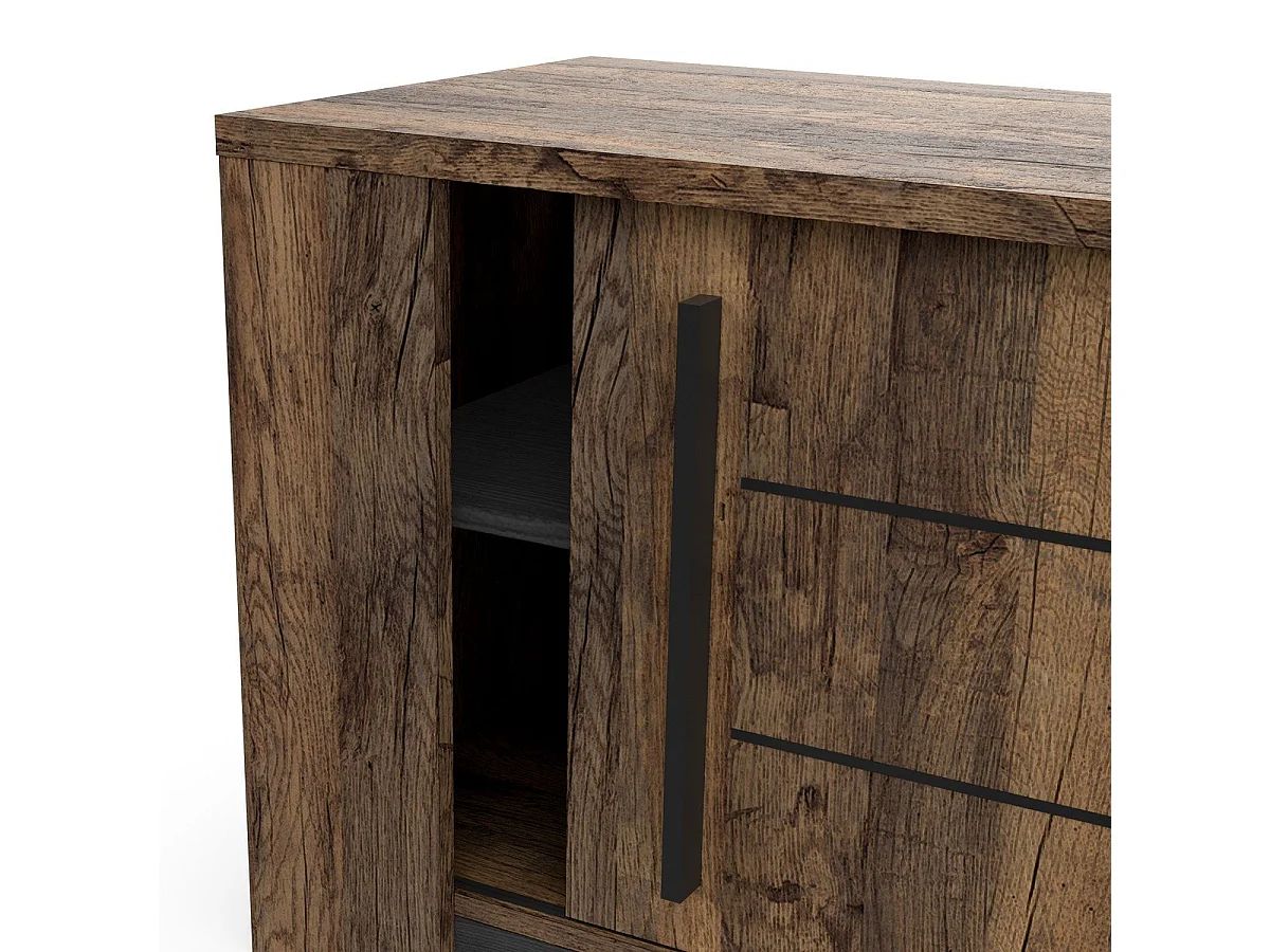 MONACO TVSchrank – 2 Schiebetüren + 3 Regale – Eiche und schwarzes Holz – 184,5 x 42,3 x 51,8 cm