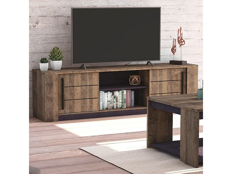 MONACO TVSchrank – 2 Schiebetüren + 3 Regale – Eiche und schwarzes Holz – 184,5 x 42,3 x 51,8 cm