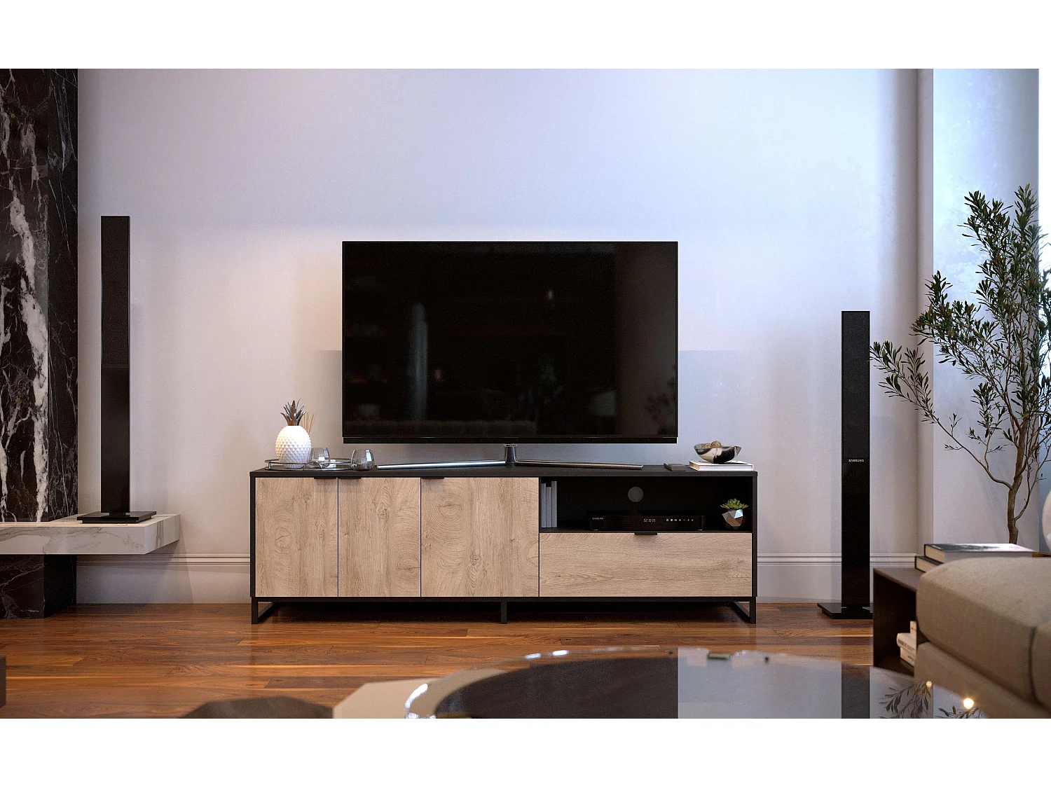 Meuble TV NEU 3 portes 1 tiroir 54,5x180x44 cm chêne et noir TALESA