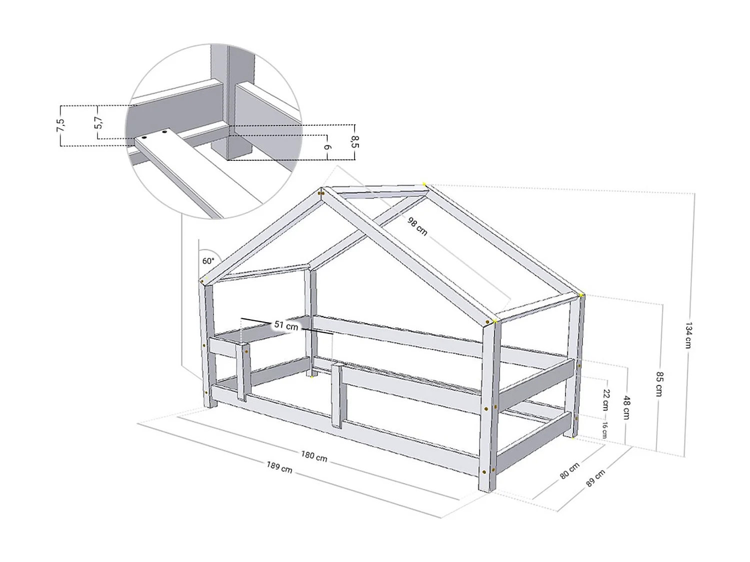 Lit cabane enfant LUCKY 80 x 180 gris clair