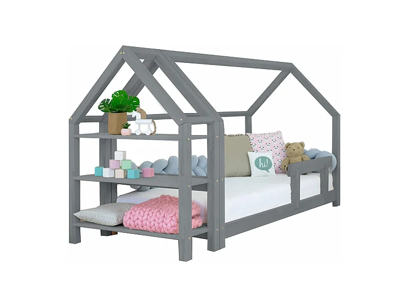 Lit cabane avec étagère 90 x 200 gris