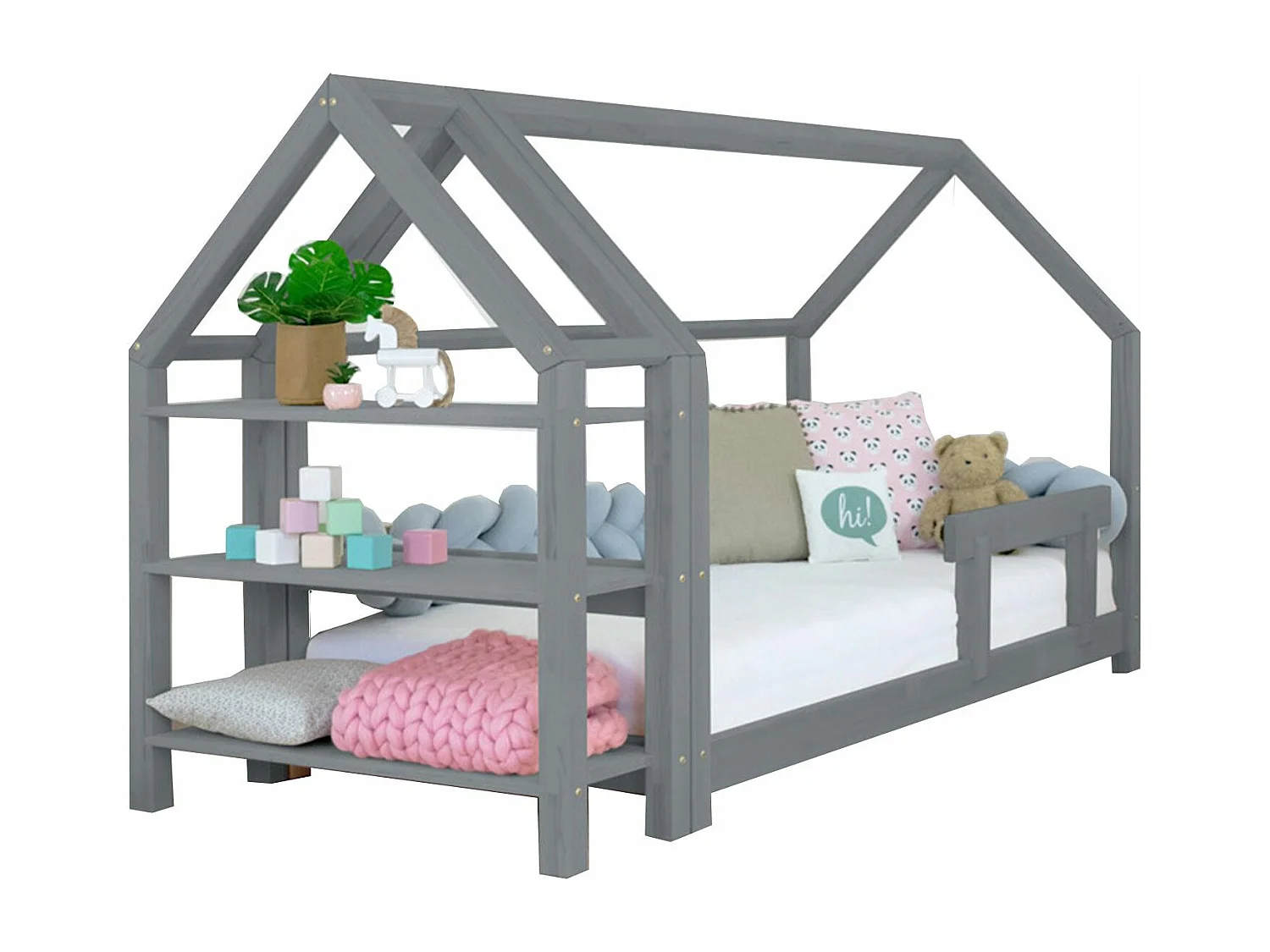 Lit cabane avec étagère 90 x 200 gris