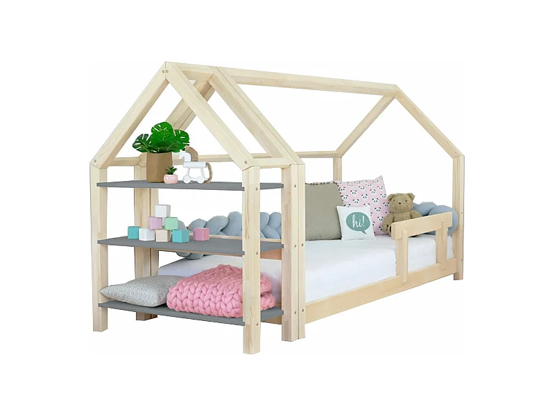 Lit cabane avec étagère 120 x 190 naturel et gris