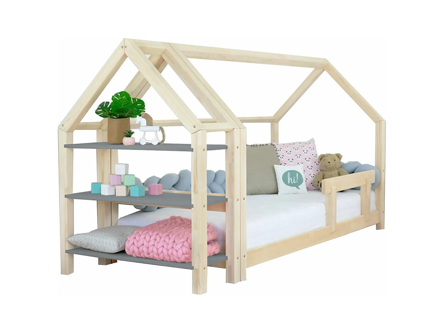 Lit cabane avec étagère 120 x 190 naturel et gris