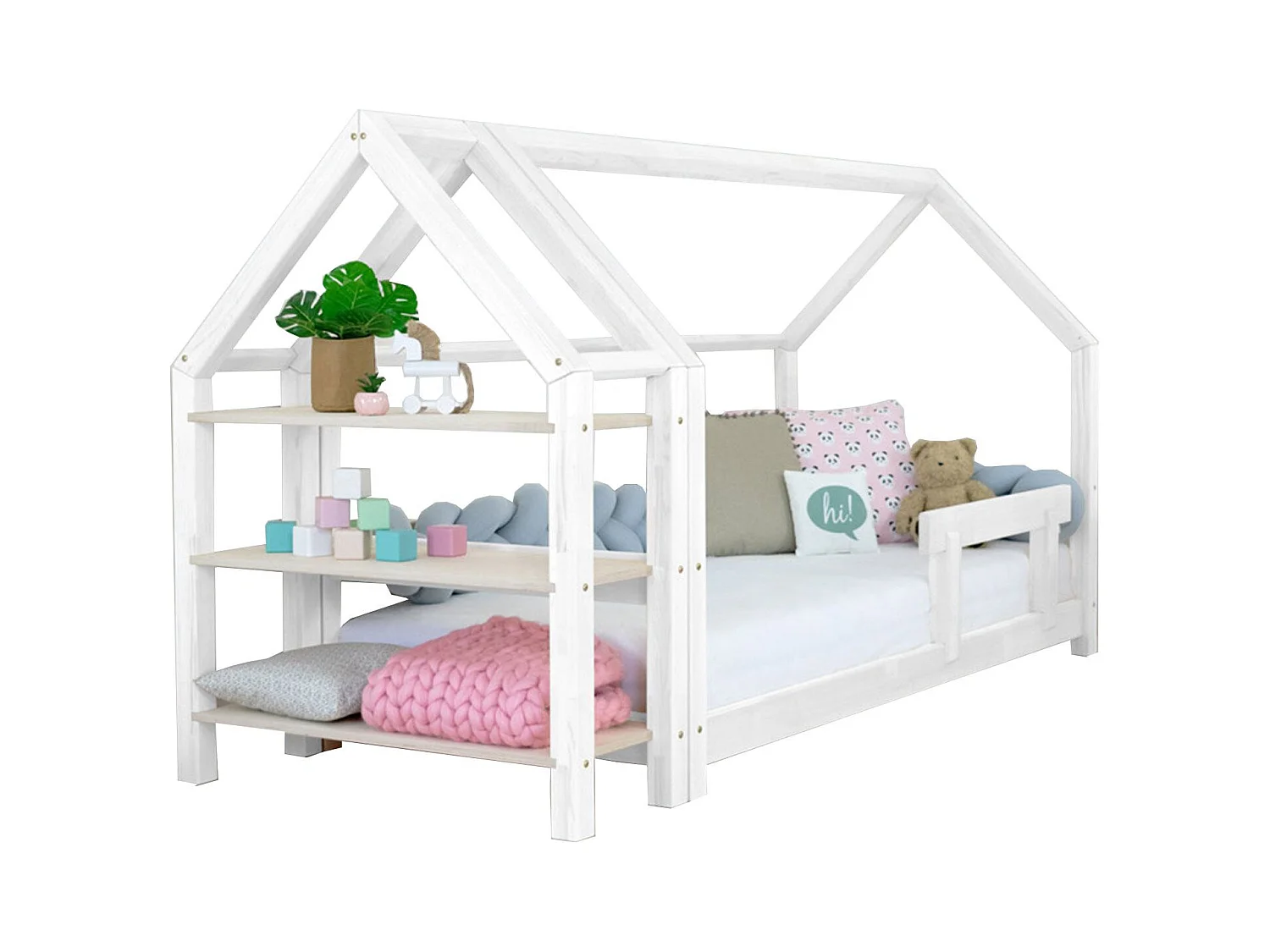 Lit cabane avec étagère 90 x 180 blanc et naturel