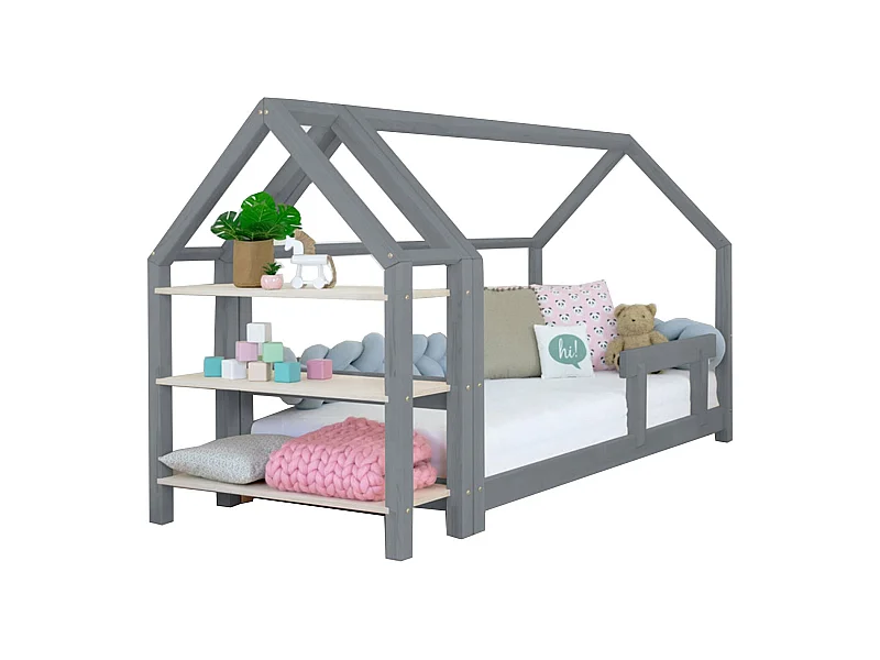 Lit cabane avec étagère 90 x 190 gris et naturel