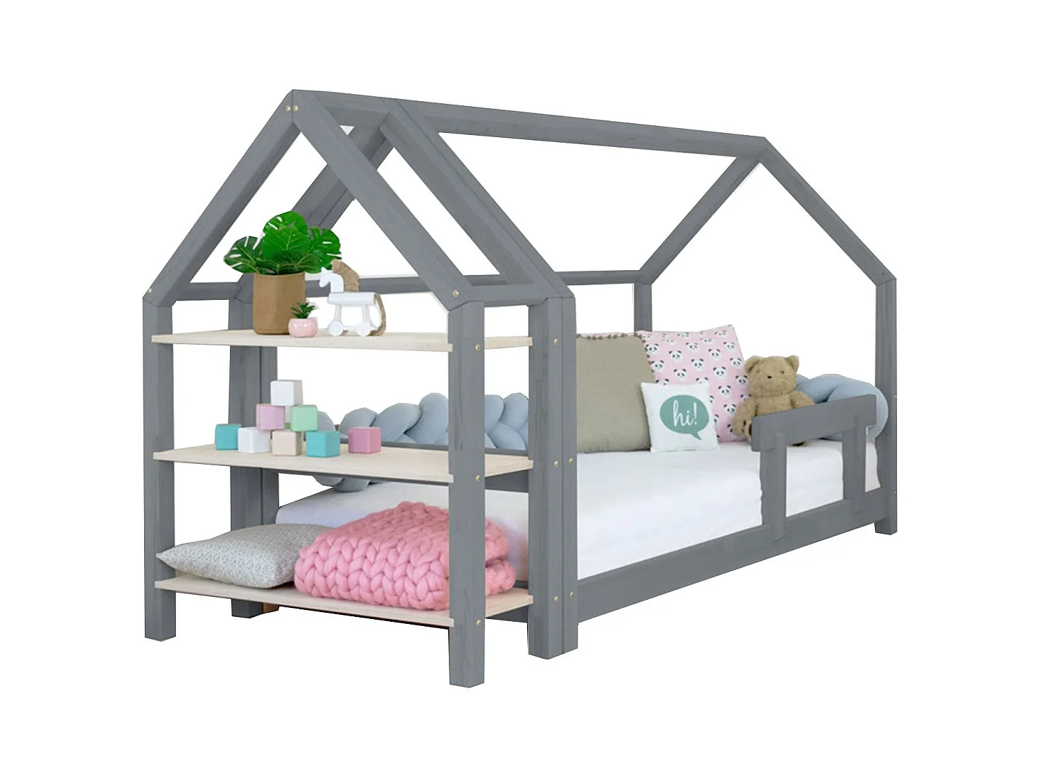 Lit cabane avec étagère 90 x 190 gris et naturel