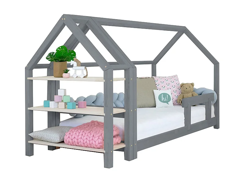 Lit cabane avec étagère 90 x 190 gris et naturel