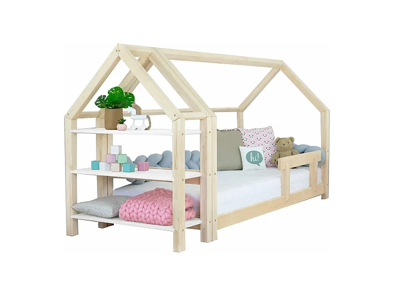 Lit cabane avec étagère 120 x 190 naturel et blanc