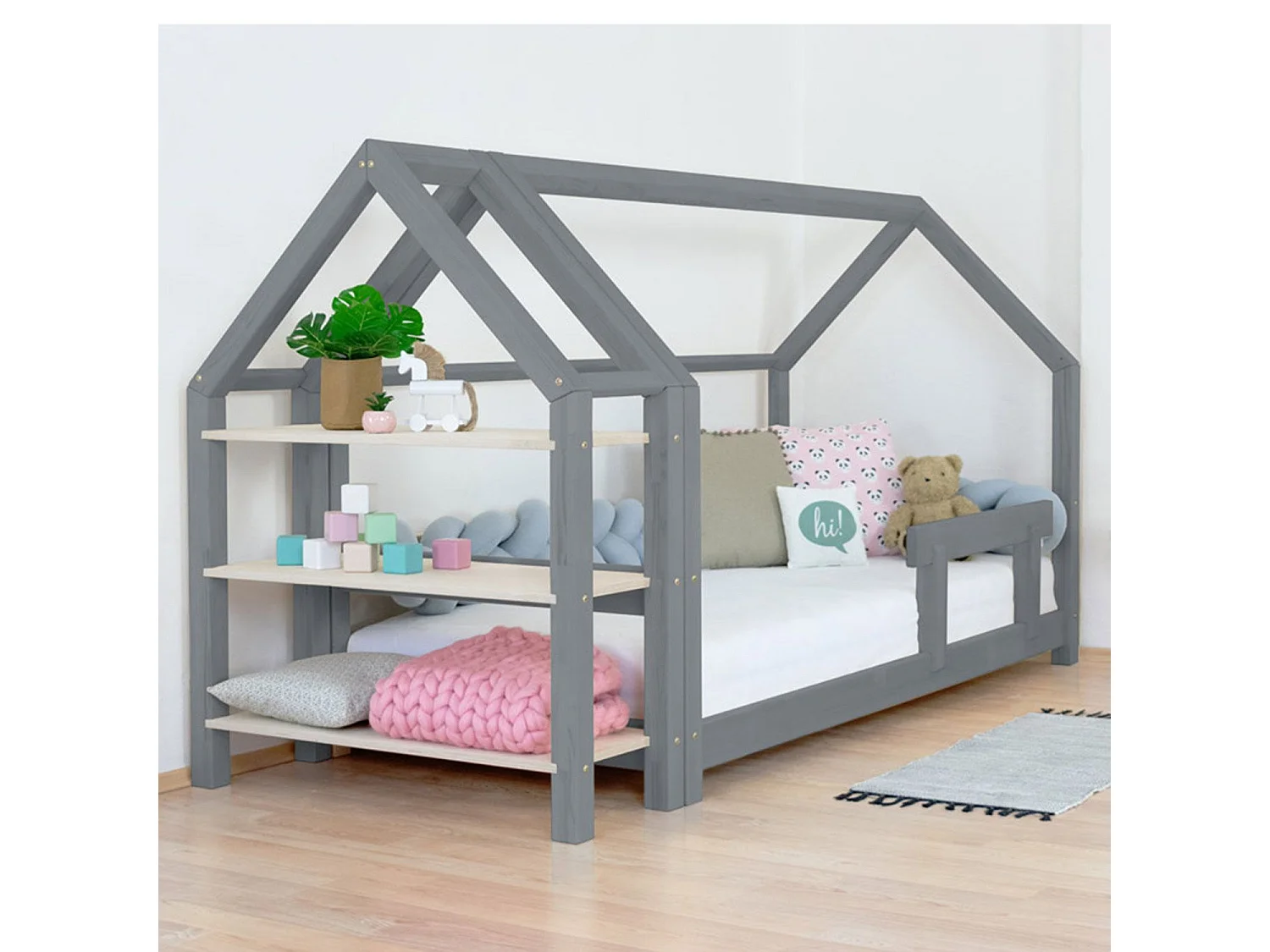 Lit cabane avec étagère 80 x 180 gris et naturel