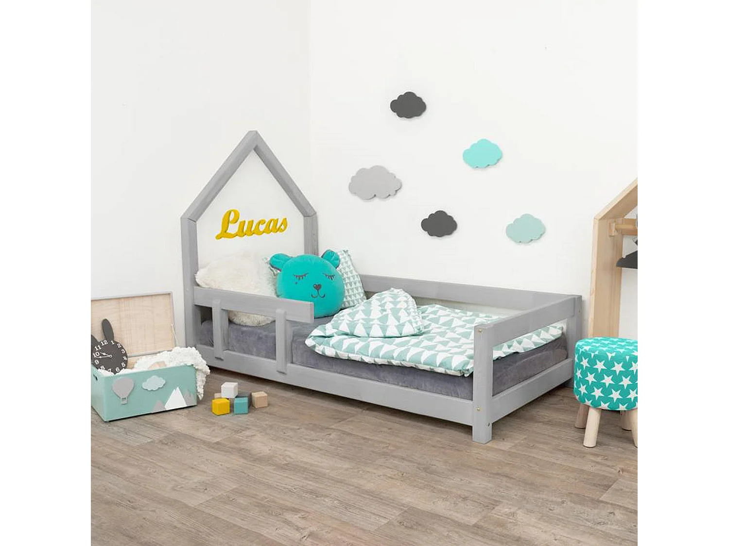 Lit cabane enfant POPPI 120 x 180 gris clair 2