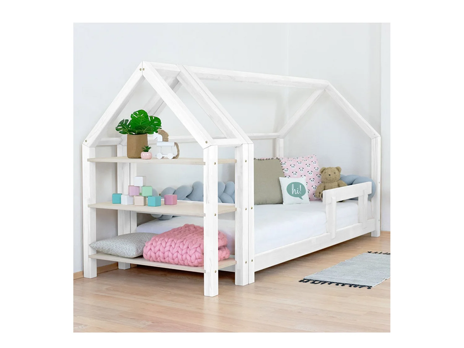 Lit cabane avec étagère 90 x 200 blanc et naturel