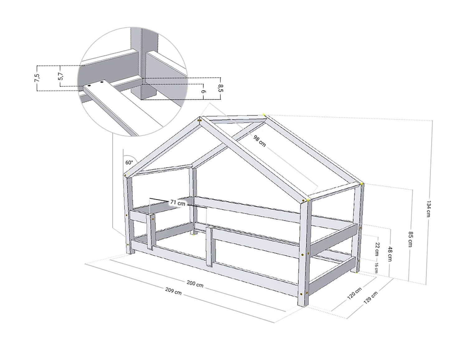 Lit cabane enfant LUCKY 120 x 200 bleu clair