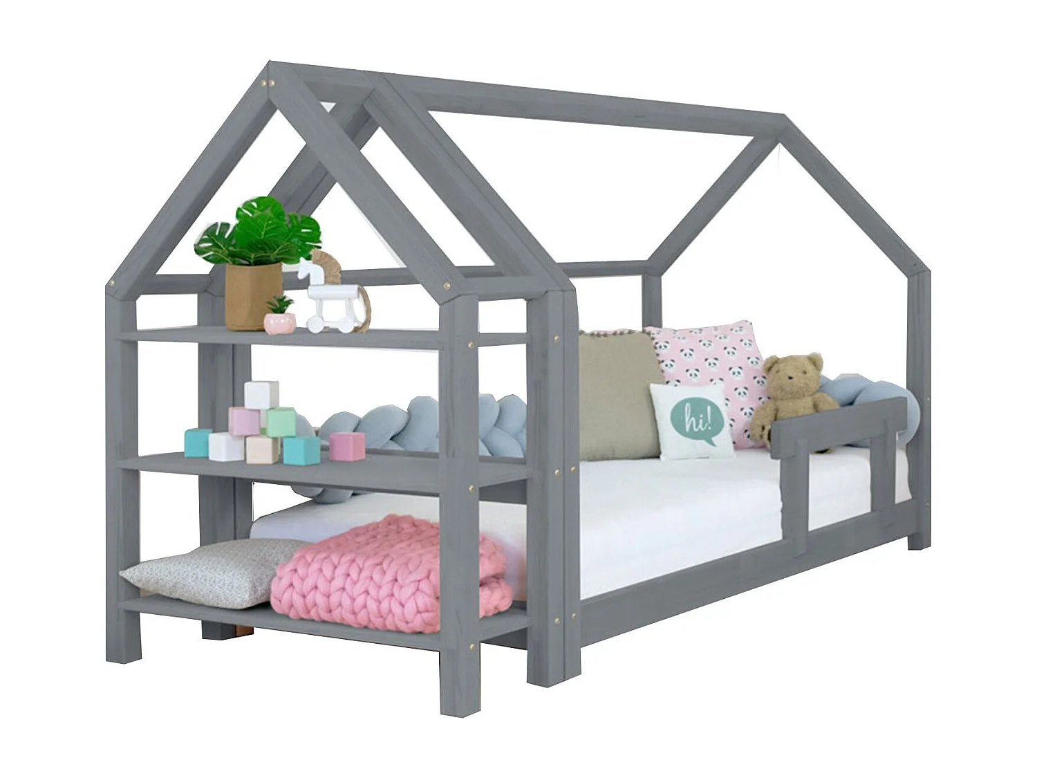 Lit cabane avec étagère 90 x 160 gris