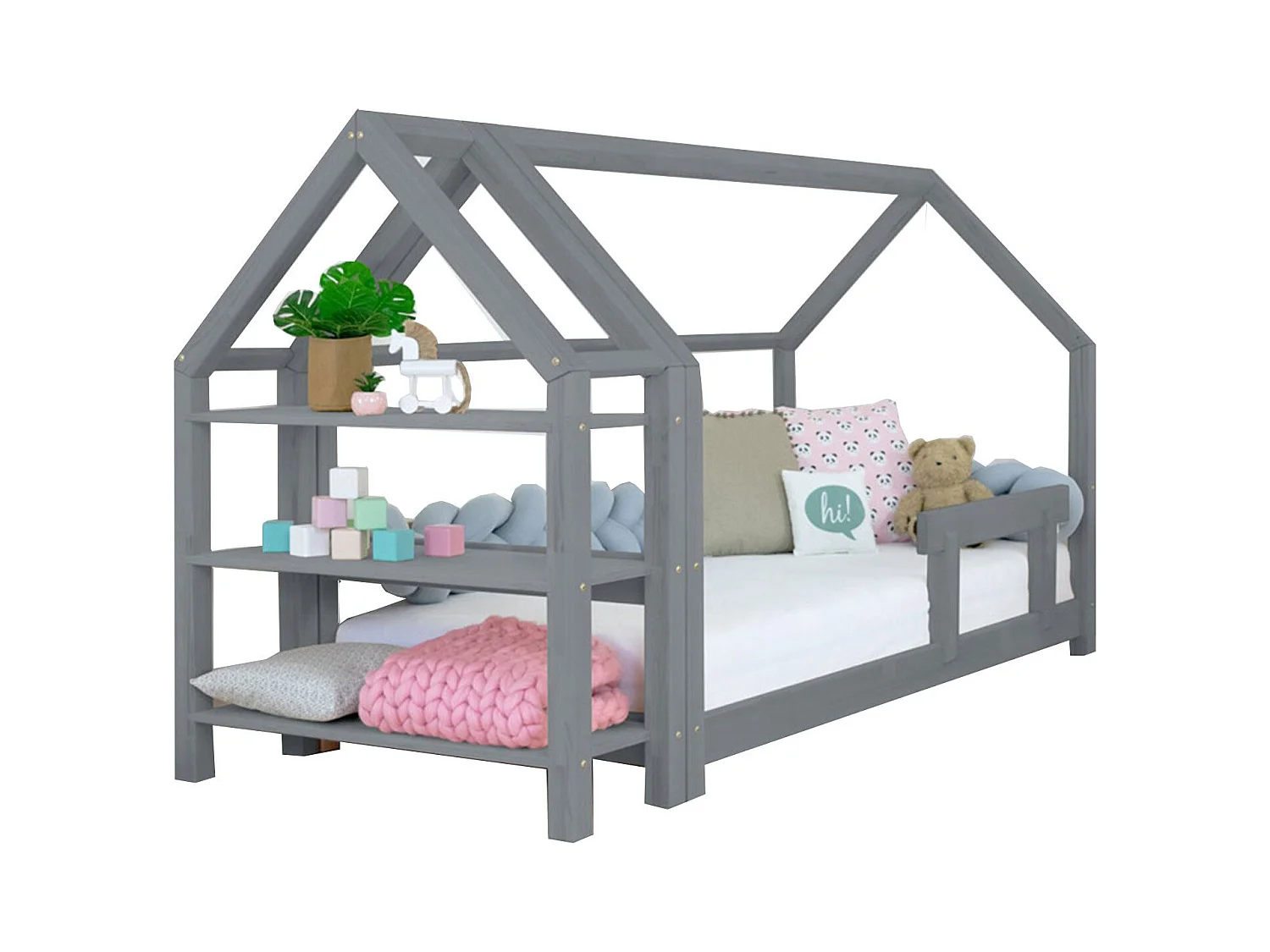 Lit cabane avec étagère 90 x 160 gris