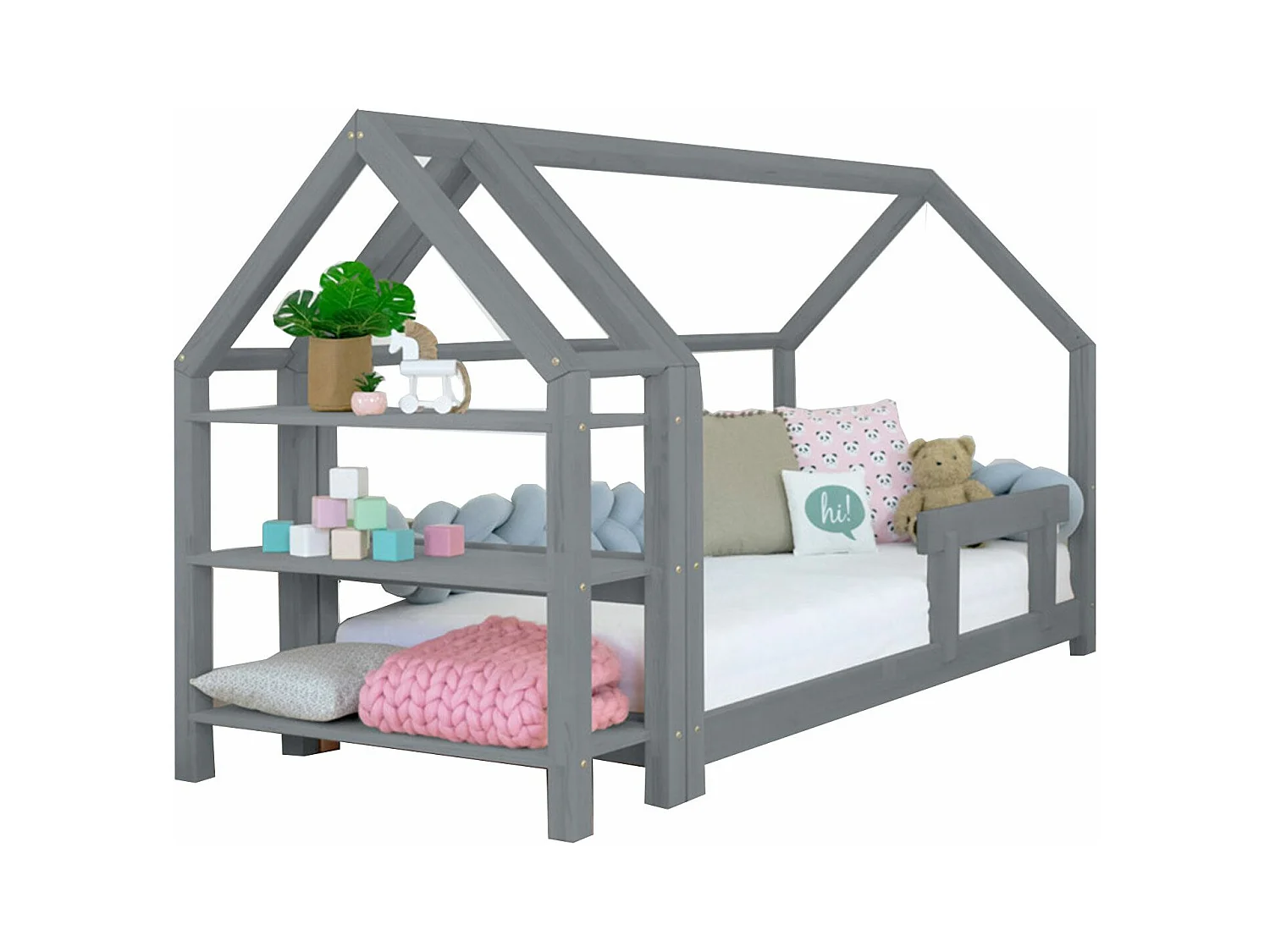 Lit cabane avec étagère 120 x 200 gris