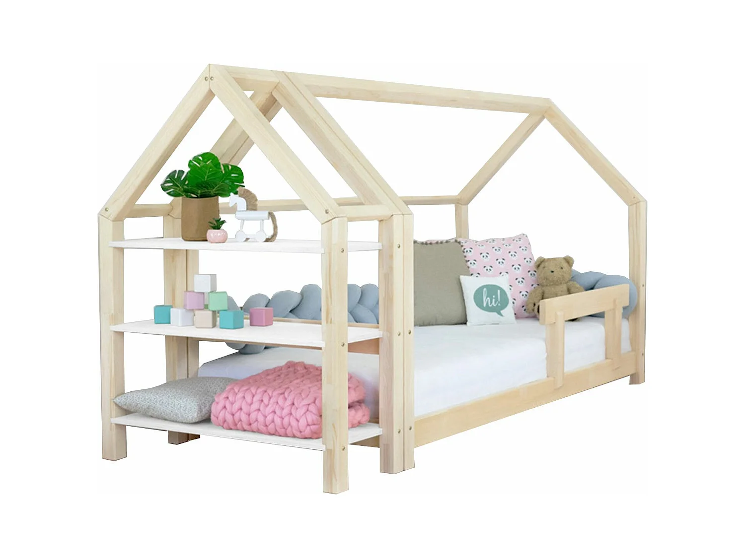 Lit cabane avec étagère 90 x 160 naturel et blanc