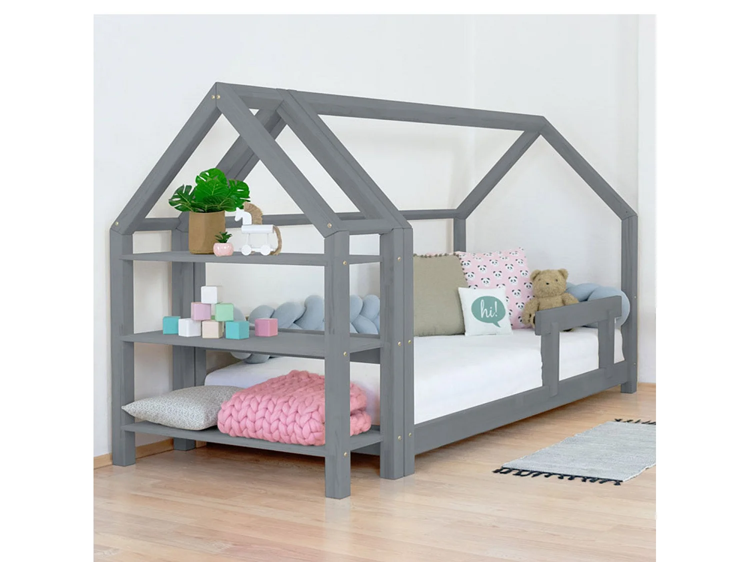 Lit cabane avec étagère 120 x 180 gris