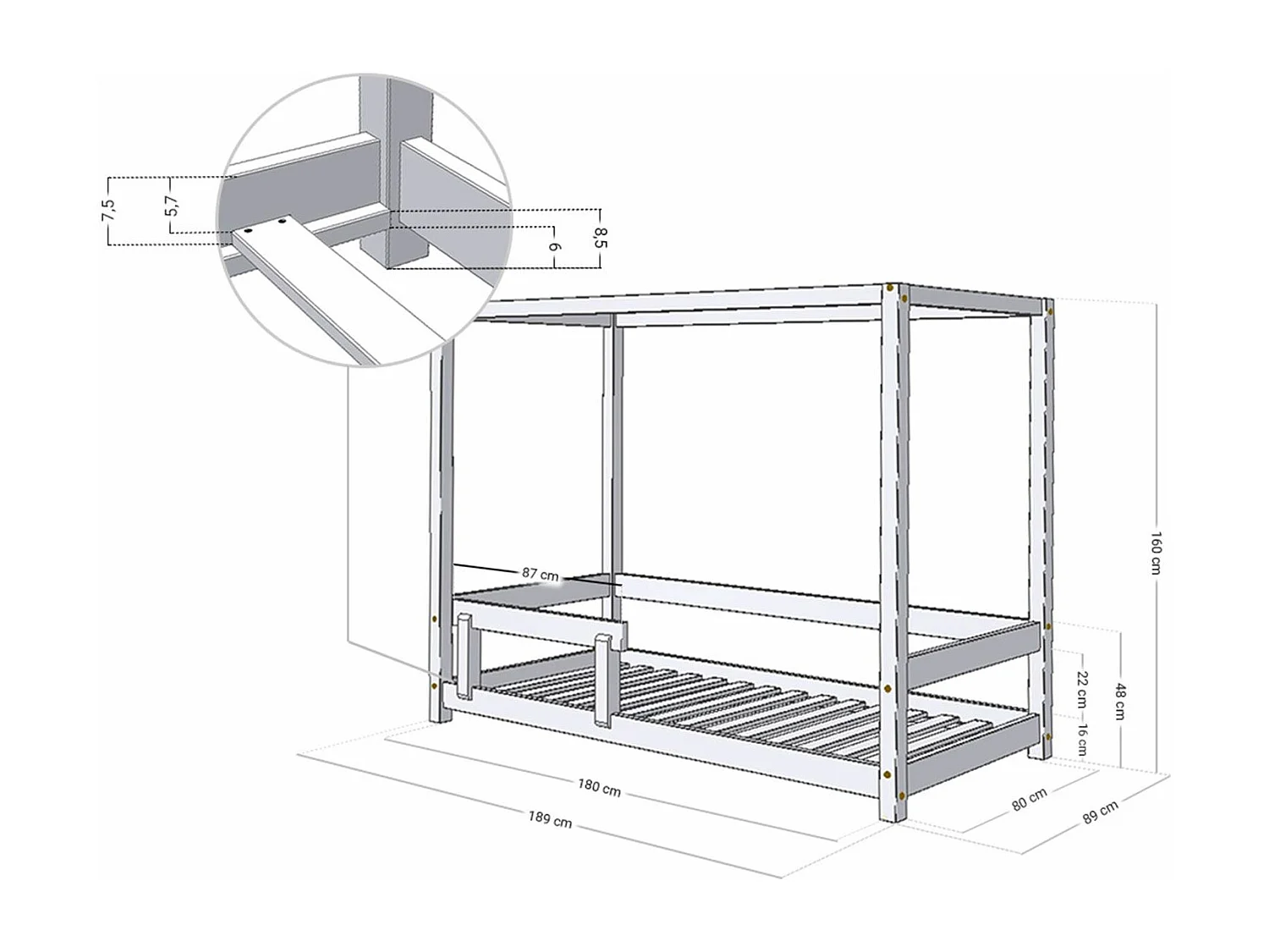 Lit cabane enfant BUNKY 80 x 180 bleu marine