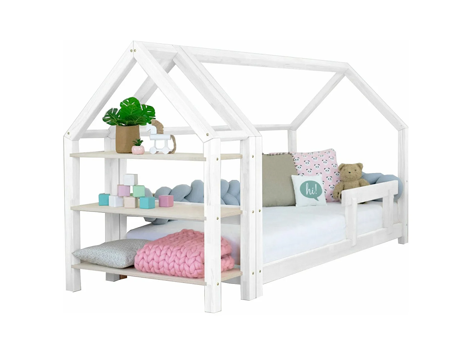 Lit cabane avec étagère 90 x 190 blanc et naturel