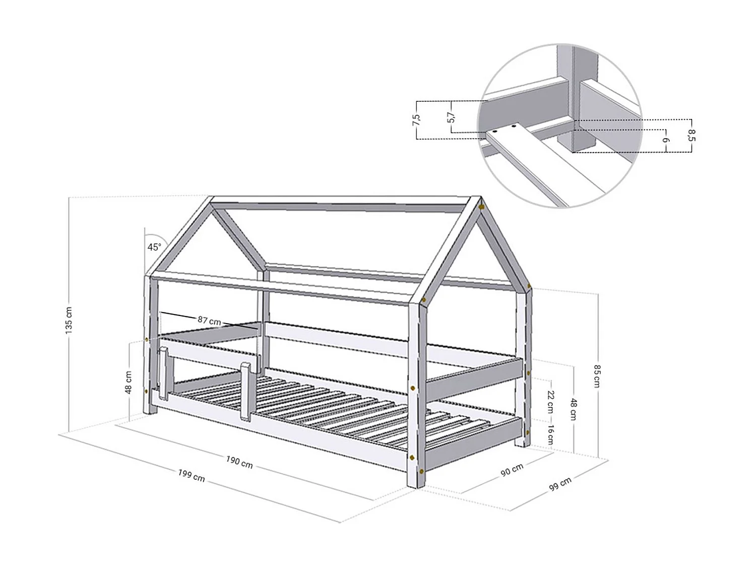 Lit cabane avec étagère 90 x 190 blanc et naturel