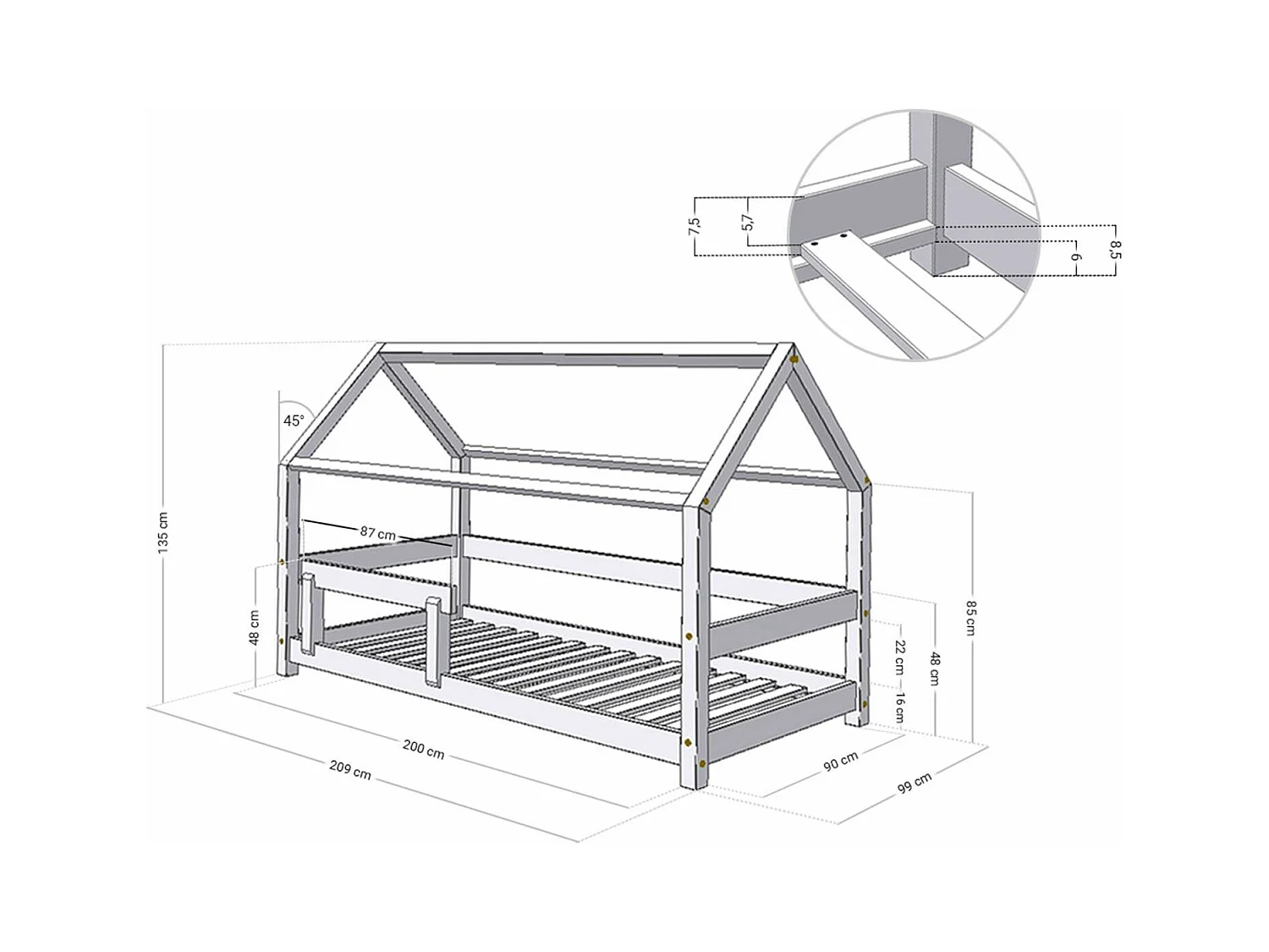 Lit cabane avec étagère 90 x 200 gris et naturel
