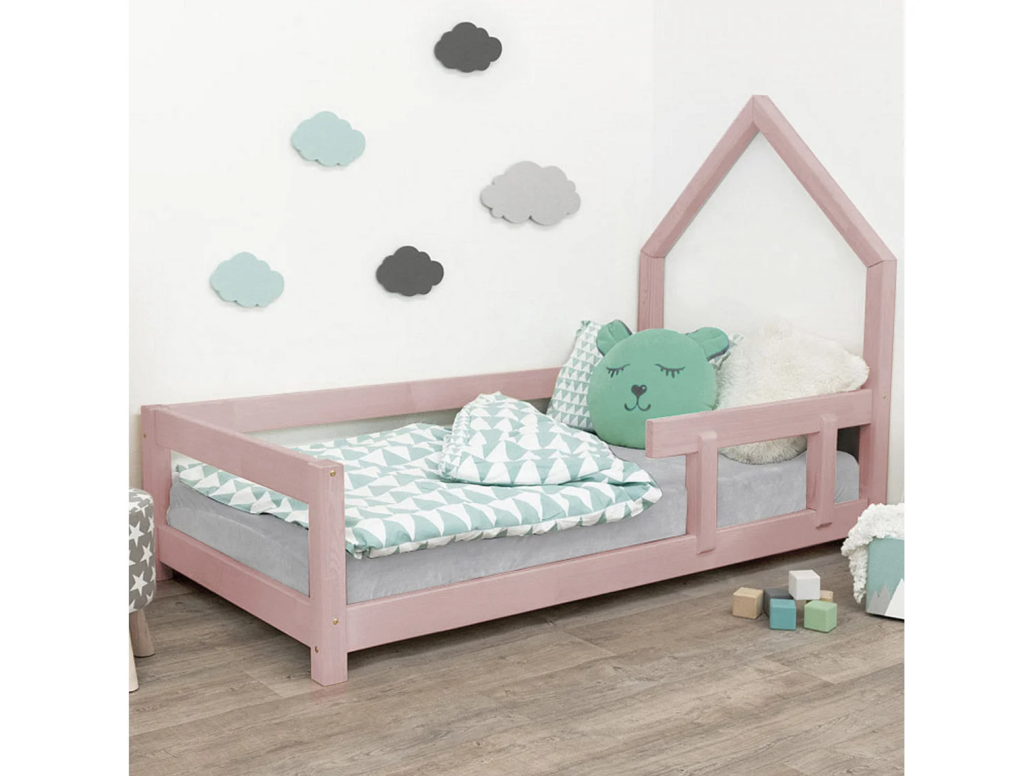 Lit cabane enfant POPPI 120 x 200 rose pastel 1