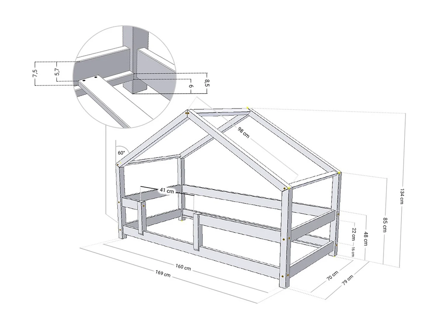 Lit cabane enfant LUCKY 70 x 160 bleu clair