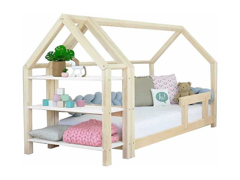 Lit cabane avec étagère 80 x 180 naturel et blanc