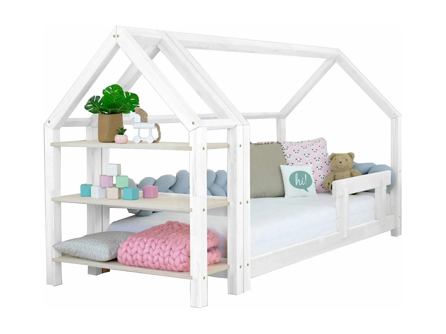 Lit cabane avec étagère 80 x 160 blanc et naturel