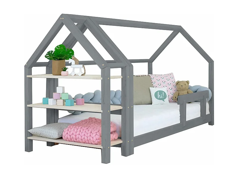 Lit cabane avec étagère 90 x 180 gris et naturel