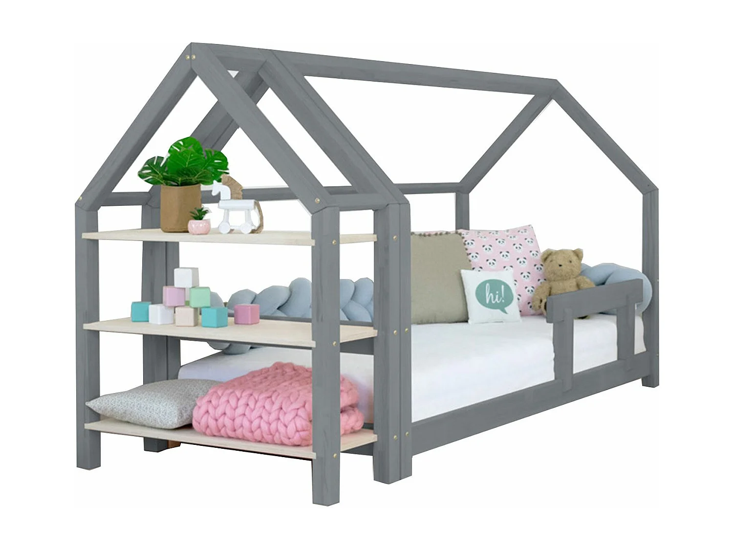 Lit cabane avec étagère 90 x 180 gris et naturel