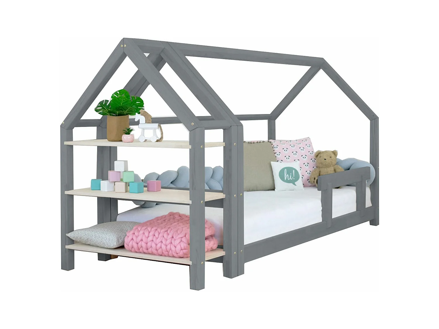 Lit cabane avec étagère 80 x 160 gris et naturel